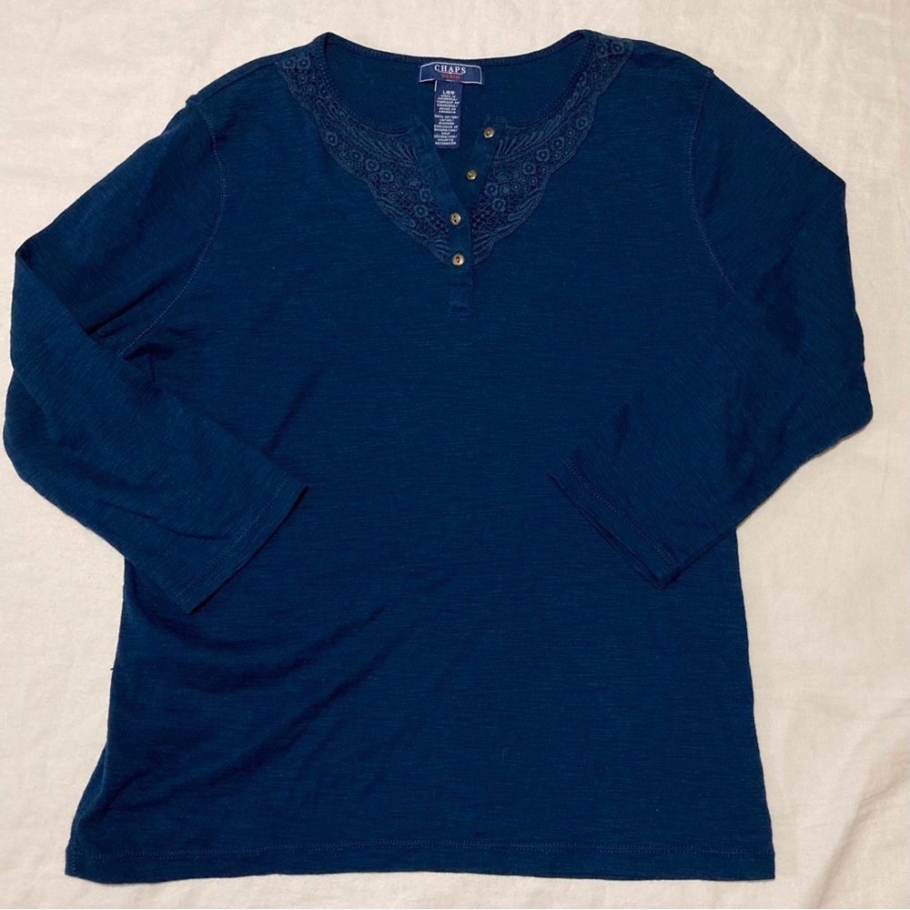 Chaps Navy Blue Henley Top with 3/4 Sleeves and Lace Collar Detail - Picture 1 of 10